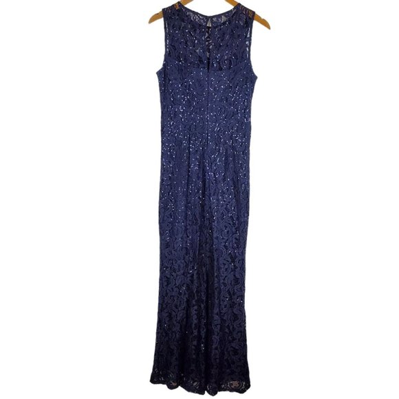 NEW MARINA Sequin Lace Gown Dress Sz 6 Navy Blue Sleeveless Sheath Keyhole Back - Picture 4 of 16